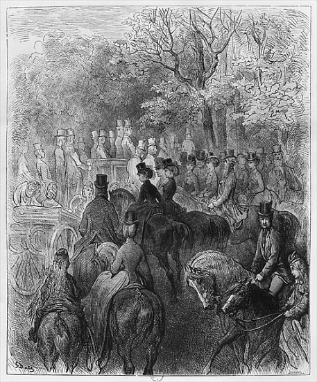 Carriages and riders at Hyde Park, illustration from ''Londres'' Louis Enault (1824-1900) 1876; engr de (after) Gustave Dore