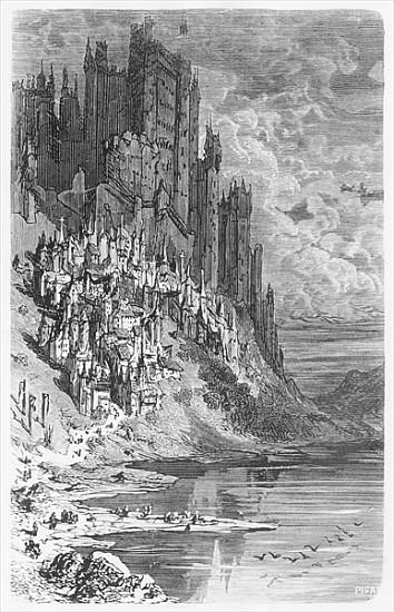 Fantasy landscape with town and castle, illustration from ''Les Contes Drolatiques'' Honore de Balza de (after) Gustave Dore