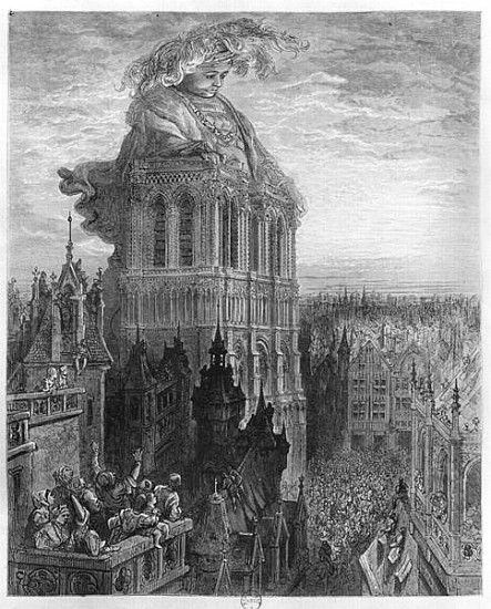 Gargantua on the towers of Notre-Dame at Paris, illustration from ''Gargantua'' Francois Rabelais (1 de (after) Gustave Dore