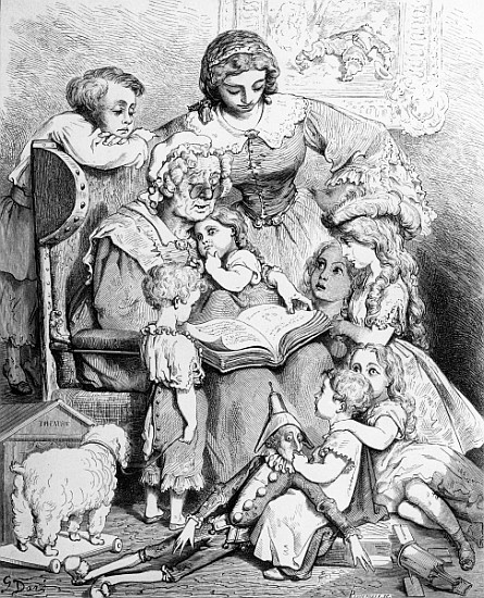 Grandmother telling a story to her grandchildren, illustrated title page from ''Les contes de Perrau de (after) Gustave Dore