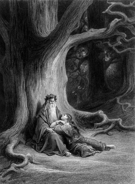 The Enchanter Merlin and the Fairy Vivien in the forest of Broceliande, from ''Vivien'', poem Alfred de (after) Gustave Dore