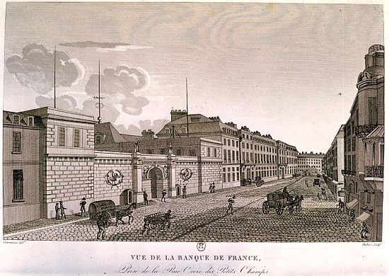 The Bank of France from Rue Croix-Petits-Champs; engraved by Eugene Dubois de (after) Henri Courvoisier-Voisin