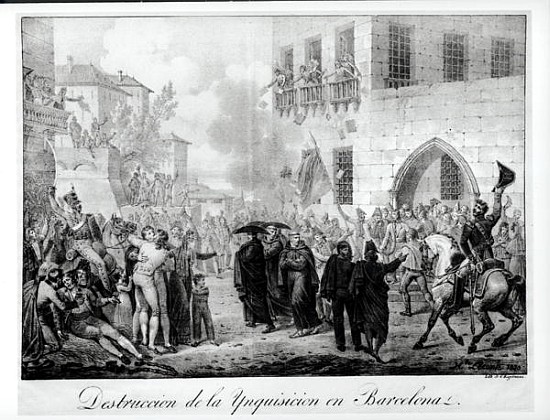 Destruction of the Inquisition in Barcelona, 10th March 1820; engraved by Godefroy Engelmann (1788-1 de (after) Hippolyte Lecomte