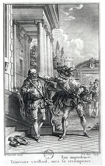 Fight scene, illustration for ''Le Cid'' (1637) Pierre Corneille (1606-84) ; engraved by Noel Le Mir de (after) Hubert Gravelot