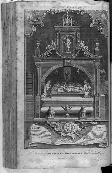 The Monument to Henry II and Richard I in Fontevrault Abbey; engraved by John Goldar de (after) Hubert Gravelot