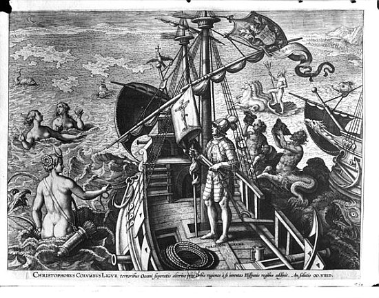 Christopher Columbus (1451-1506) on board his caravel, discovering America de (after) Jan van der (Joannes Stradanus) Straet