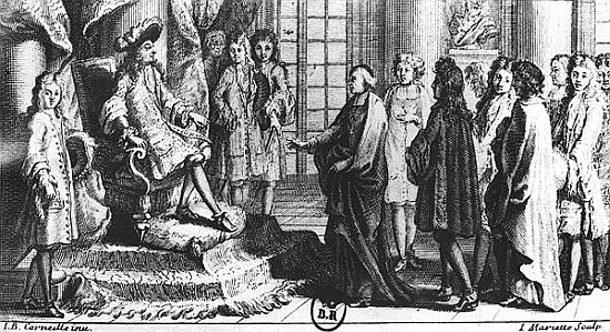 Members of the French Academy presenting the dictionary to Louis XIV (1638-1715) in 1694; engraved b de (after) Jean-Baptiste Corneille