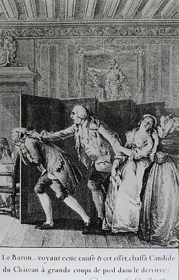 Le Baron...chassa Candide du Chateau a grands coups de pied dans le derriere'', illustration from ch de (after) Jean Michel the Younger Moreau