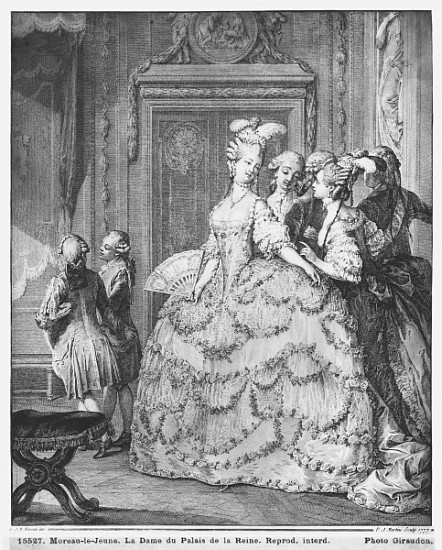The lady at the Palais de la Reine; engraved by Pietro Antonio Martini (1739-97) de (after) Jean Michel the Younger Moreau