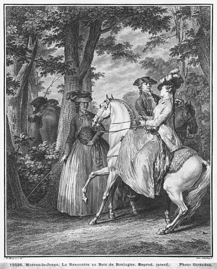 The meeting at the Bois de Boulogne; engraved by Heinrich Guttenberg (1749-1818) c.1777 de (after) Jean Michel the Younger Moreau