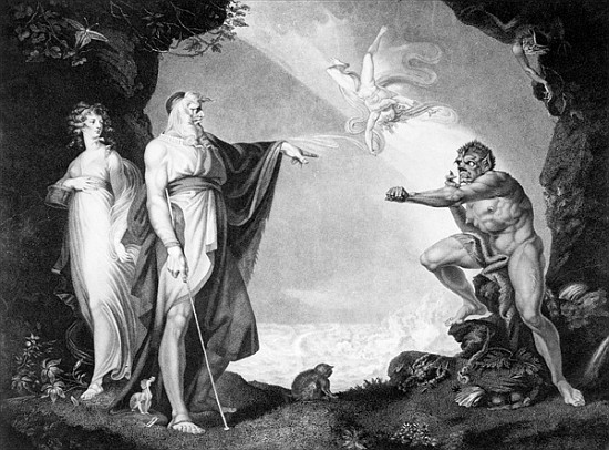 Prospero, Miranda, Caliban and Ariel, plate four from The Boydell Shakespeare Gallery; engraved by J de (after) Johann Heinrich) Henry (Fussli, Johann Heinrich) Fuseli