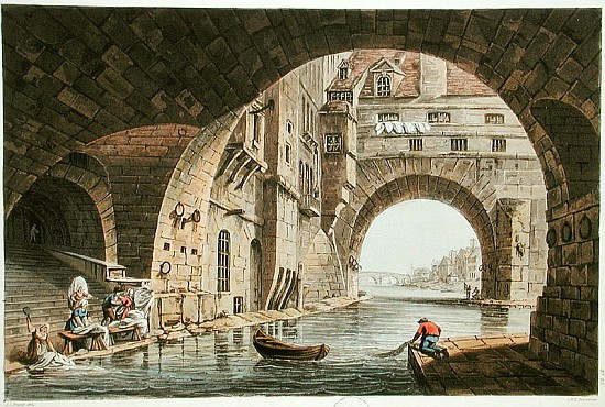 The Washing Place of the Hotel-Dieu and the Pont de la Tournelle; engraved by I. Hill de (after) John Claude Nattes
