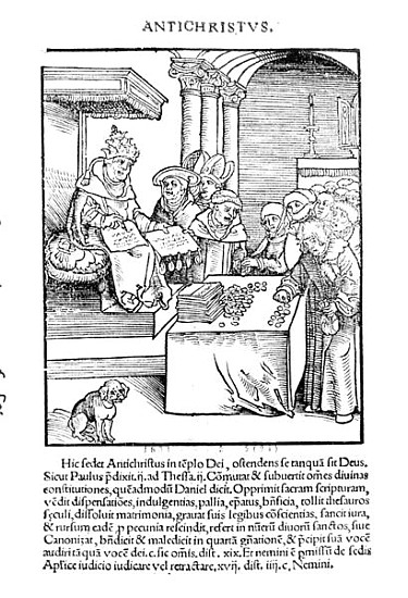 The Pope selling Indulgences from ''Passional Christi und Antichristi'' Philipp Melanchthon, publish de Lucas Cranach el Viejo