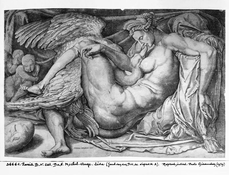 Leda; engraved by Jacobus Bos, Boss or Bossius (b.c.1520) de (after) Michelangelo Buonarroti