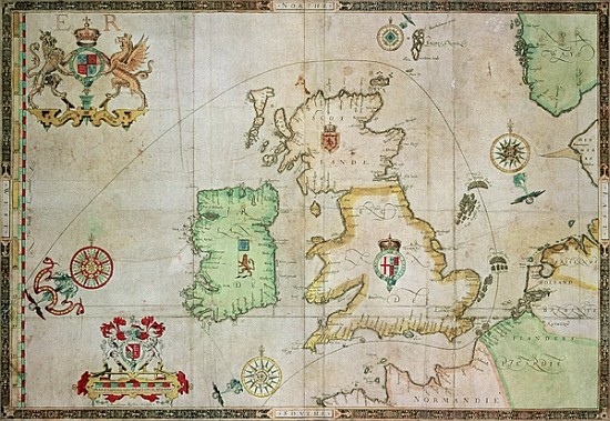 Map showing the route of the Armada fleet; engraved by Augustine Ryther, 1588 (see 133339 for b/w) de (after) Robert Adams