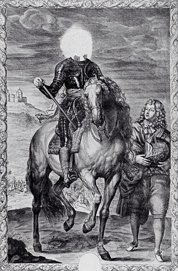 Defaced equestrian portrait of Charles I; engraved by Pierre Lombart de (after) Sir Anthony van Dyck