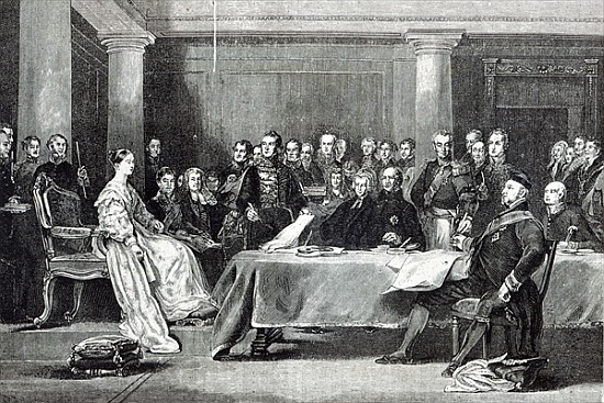 The Queen''s First Council, from ''Leisure Hour'' de (after) Sir David Wilkie