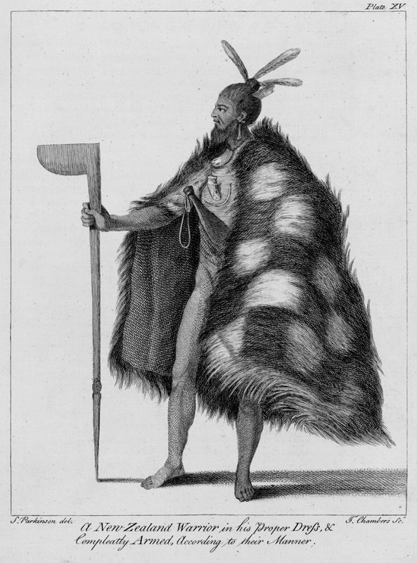 A New Zealand warrior, from ''A Journal of a Voyage to the South Seas in his Majesty''s ship, the En de (after) Sydney Parkinson
