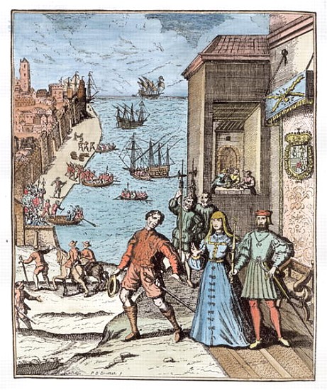 Parting of Columbus with Ferdinand and Isabella, from ''Narrative and Critical History of America'', de (after) Theodore de Bry