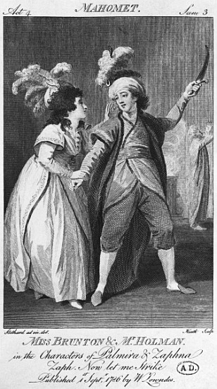 Miss Brunton and Mister Holman as Palmira and Zaphna, illustration from Act IV, Scene 3, of ''Le Fan de (after) Thomas Stothard