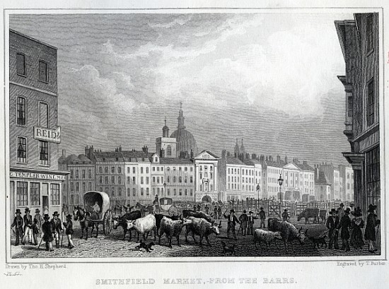 Smithfield Market from the Barrs; engraved by Thomas Barber, c.1830 de (after) Thomas Hosmer Shepherd