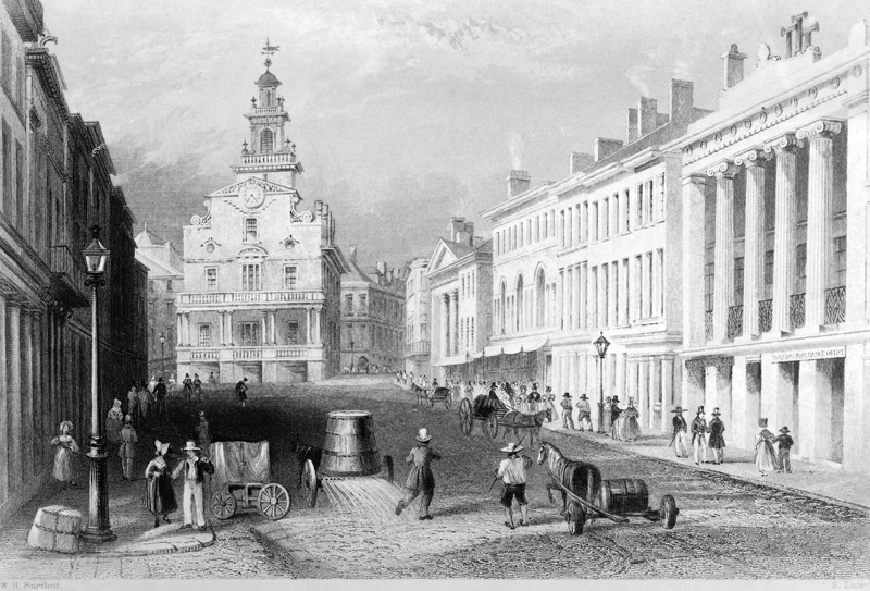 State Street, Boston; engraved by S.Lacey de (after) William Henry Bartlett