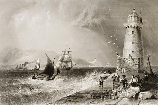 South Wall Lighthouse with Howth Hill in the Distance, Dublin, from ''Scenery and Antiquities of Ire de (after) William Henry Bartlett