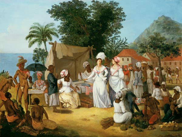 A linen market with a linen stall and a vegetable seller in a Colonial settlement de Agostino Brunias