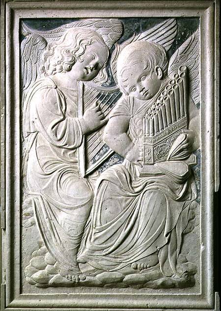 Two putti, one playing the harp and singing, the other playing the portative organ, from the frieze de Agostino  di Duccio