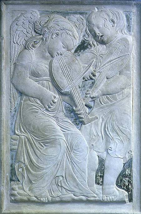 Two putti playing lutes, from the frieze of musical angels in the Chapel of Isotta degli Atti de Agostino  di Duccio