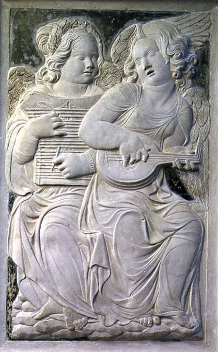 Two putti, one playing the psaltery with two quills and the other playing the mandola, from the frie de Agostino  di Duccio