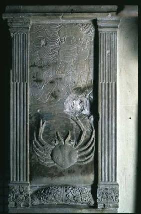 The Crab (Cancer) above an aerial view of Rimini from a series of reliefs depicting the planetary sy
