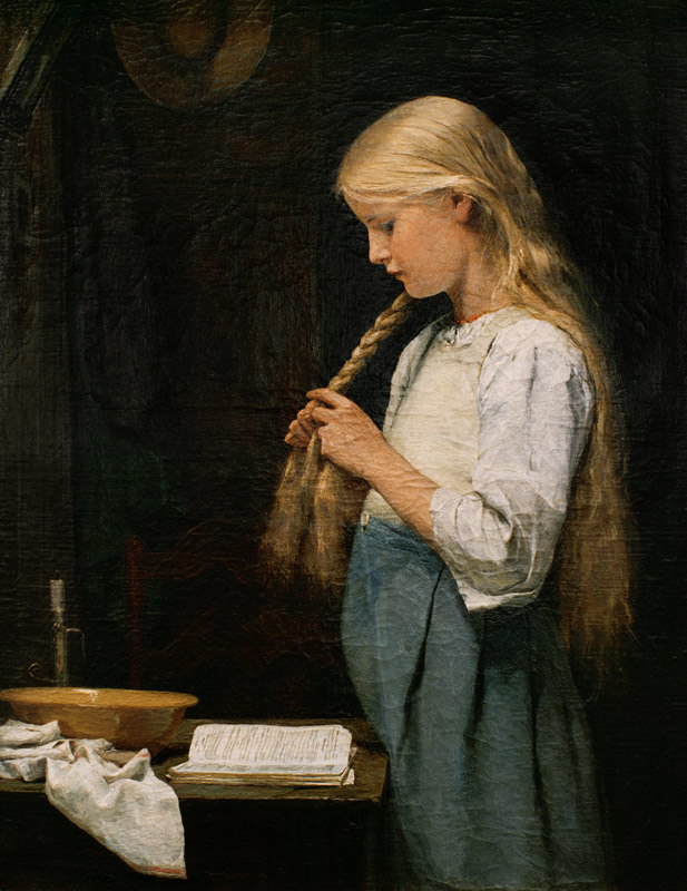 Girl braiding her hair de Albert Anker