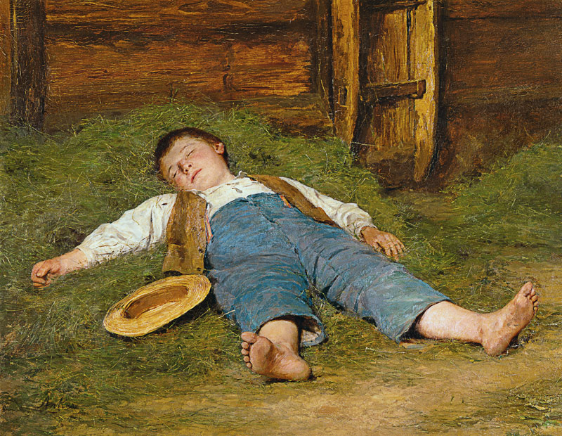 Sleeping boy in the hay. de Albert Anker