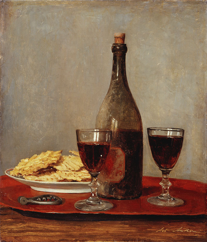 Stillleben mit zwei Rotweingläsern, einer Flasche, einem Korkenzieher und einem Teller mit Gebäck. de Albert Anker