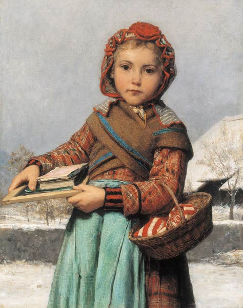 Schoolgirl with Slate and Sewing Basket de Albert Anker