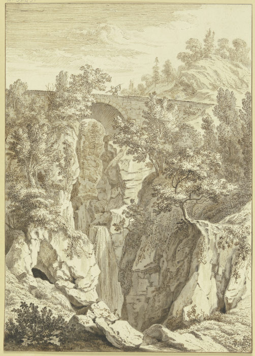 Wasserfall, über welchen eine Steinbrücke führt de Albert Meyeringh