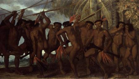 Tapuya men of North Eastern Brazil in war dance de Albert van der Eeckhout