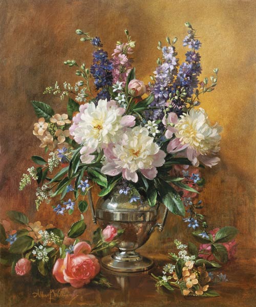 Still Life of Peonies and Delphiniums (oil on canvas)  de Albert  Williams