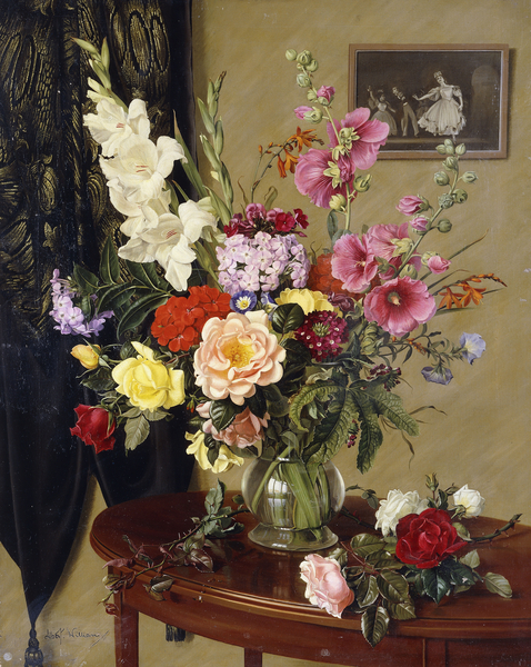 Still Life with Gladioli, Roses and Hollyhocks before an Embroidered Curtain de Albert  Williams
