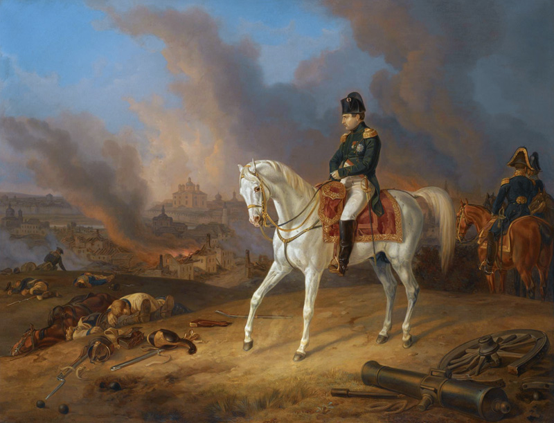 Napoleon Bonaparte before the burning City of Smolensk de Albrecht Adam