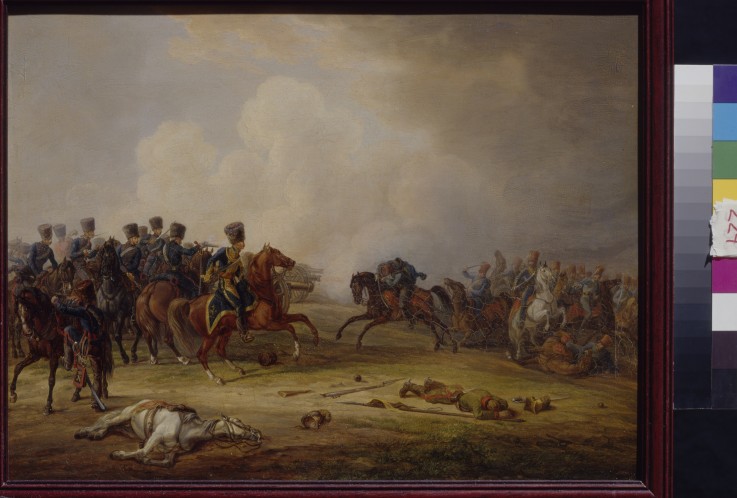 An attack of Austrian Hussars on the French battery de Albrecht Adam
