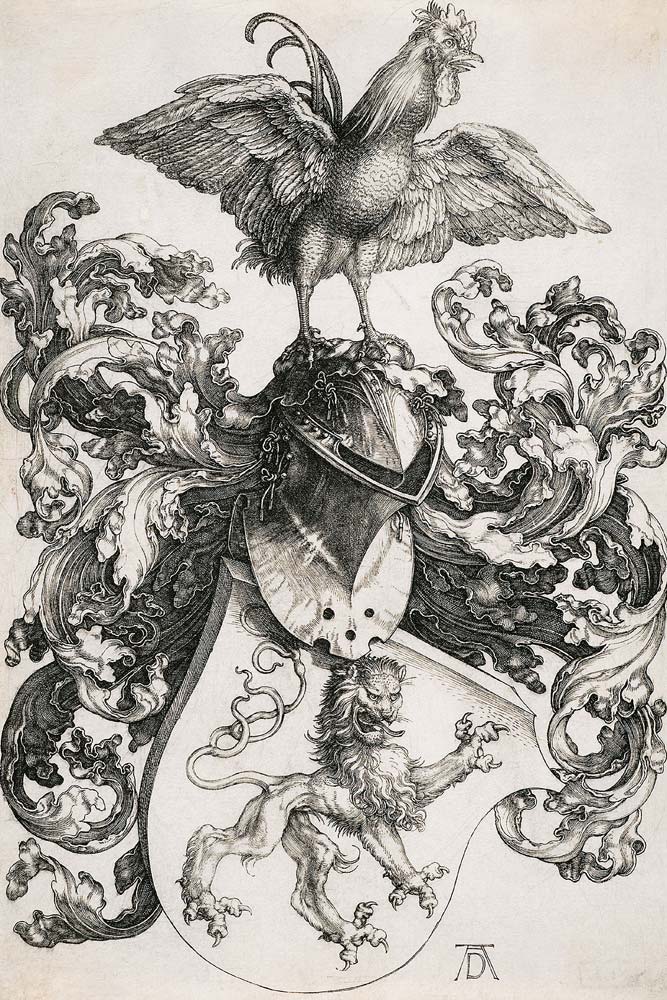 Coat of Arms with a Lion and a Cock de Alberto Durero