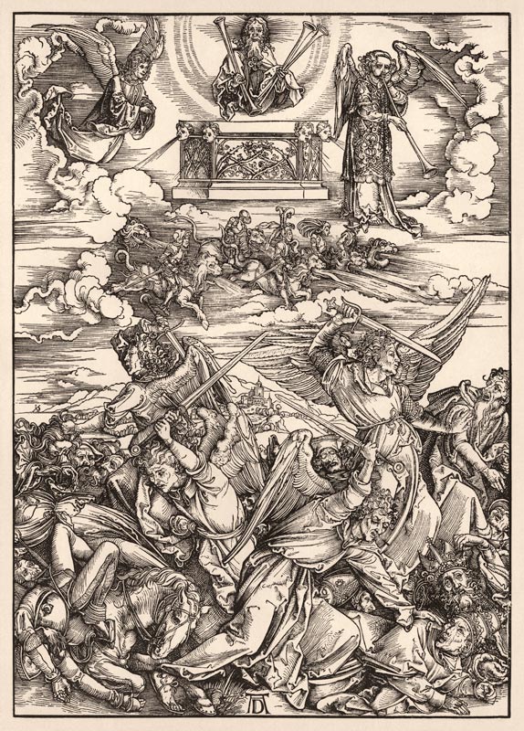 Der Engelkampf, aus der Folge der Apokalypse, Latein-Ausgabe 1511 de Alberto Durero