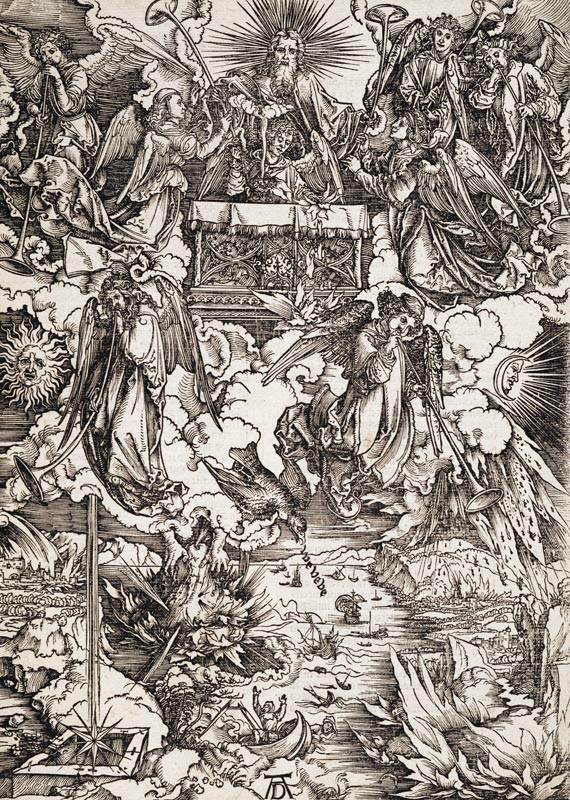 Die sieben Posaunenengel, aus der Folge der Apokalypse, Latein-Ausgabe 1511 de Alberto Durero
