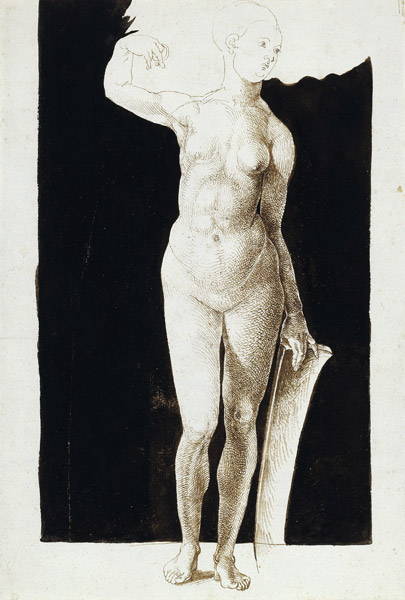 Proportion study of female nude with a shield de Alberto Durero