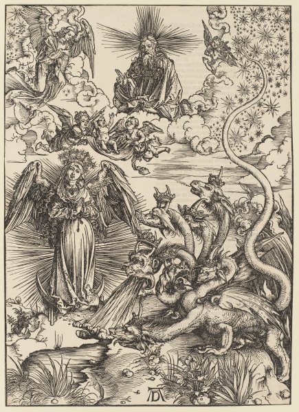 Das Sonnenweib und der siebenköpfige Drache, aus der Folge der Apokalypse, Latein-Ausgabe 1511 de Alberto Durero