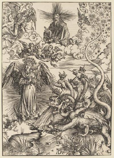 Das Sonnenweib und der siebenköpfige Drache, aus der Folge der Apokalypse, Latein-Ausgabe 1511