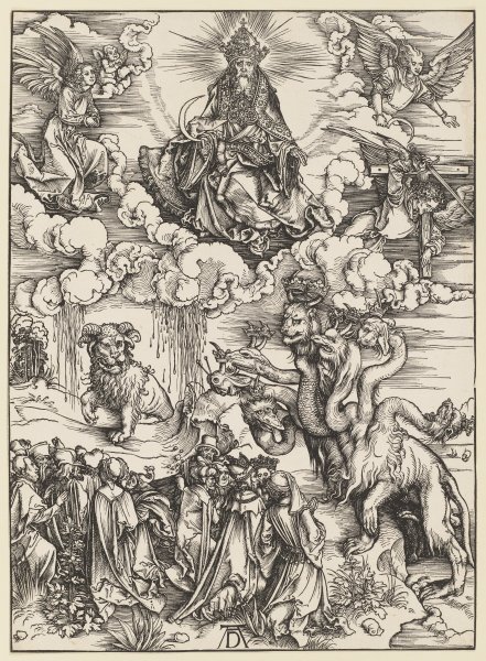 Das Tier mit den Lammhörnern, aus der Folge der Apokalypse, Einzeldruck vor dem Text de Alberto Durero