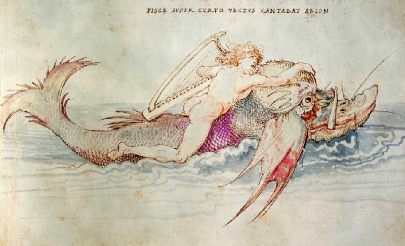 Der griechische Poet Arion reitet auf dem Delphin de Alberto Durero
